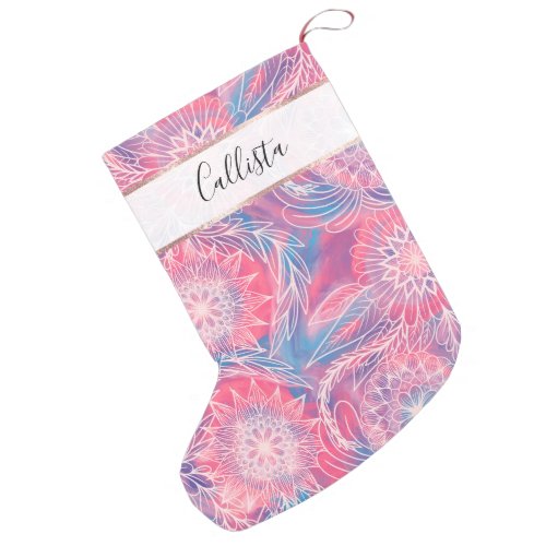 Artsy Girly Pink Blue Paint Floral Illustrations Small Christmas Stocking