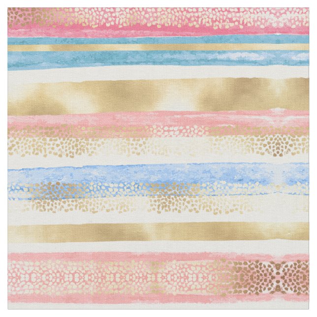 Artsy Girly Pink Gold Blue Abstract Stripes Fabric (Close Up)