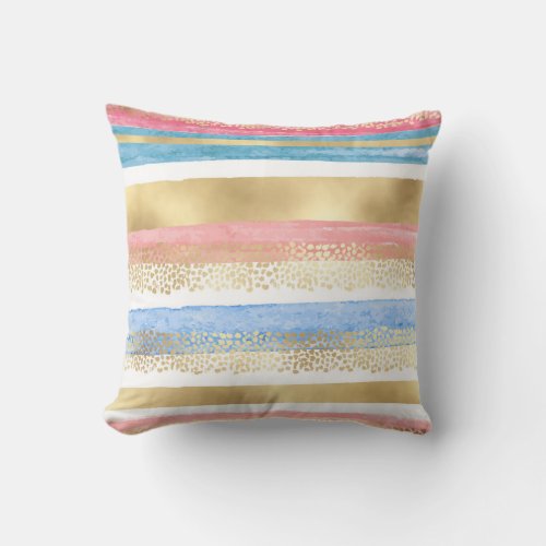 Artsy Girly Pink Gold Blue Abstract Stripes Throw Pillow