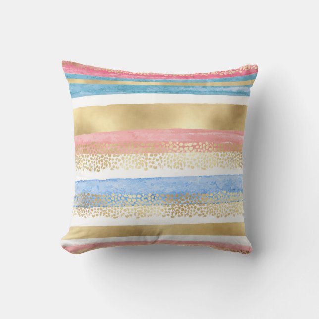 Artsy Girly Pink Gold Blue Abstract Stripes Throw Pillow (Front)