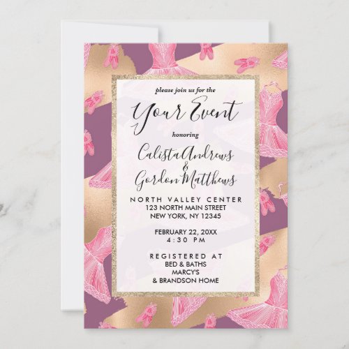 Artsy Girly Pink Gold Purple Ballerina Dress Shoes Invitation