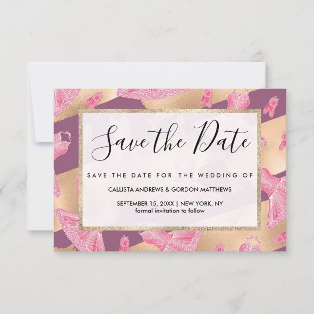 Artsy Girly Pink Gold Purple Ballerina Dress Shoes Save The Date (Front)