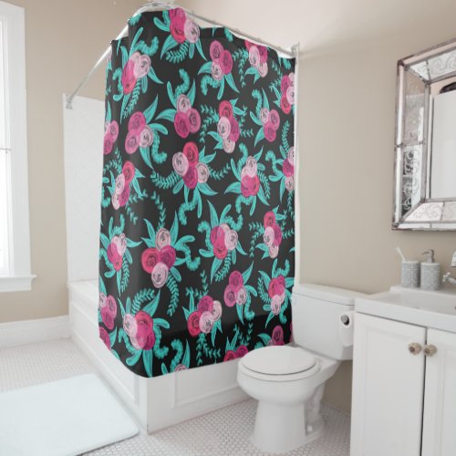 Artsy Girly Pink Teal Flowers Hand Painted Shower Curtain