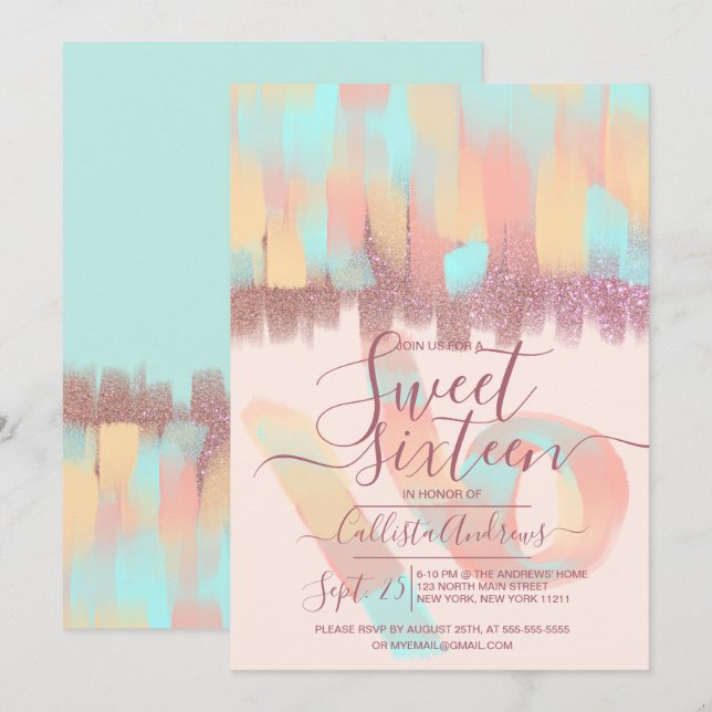 Artsy Girly Teal Pink Glitter Brushstroke Sweet 16 Invitation (Front/Back)