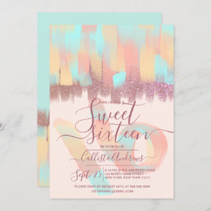 Artsy Girly Teal Pink Glitter Brushstroke Sweet 16 Invitation