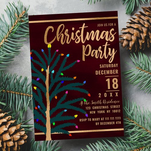Artsy Gold Burgundy Tree Lights Christmas Party Invitation Postcard