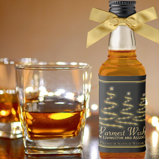 Artsy Gold Christmas Trees on Black Holiday Mini Liquor Bottle Label (In Situ with Bow)