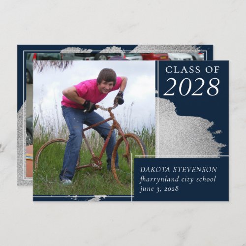 Artsy Graduation  Navy Blue Silver Splash 2 Photo Announcement