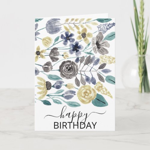 Artsy Gray Yellow Floral Watercolor Happy Birthday Card
