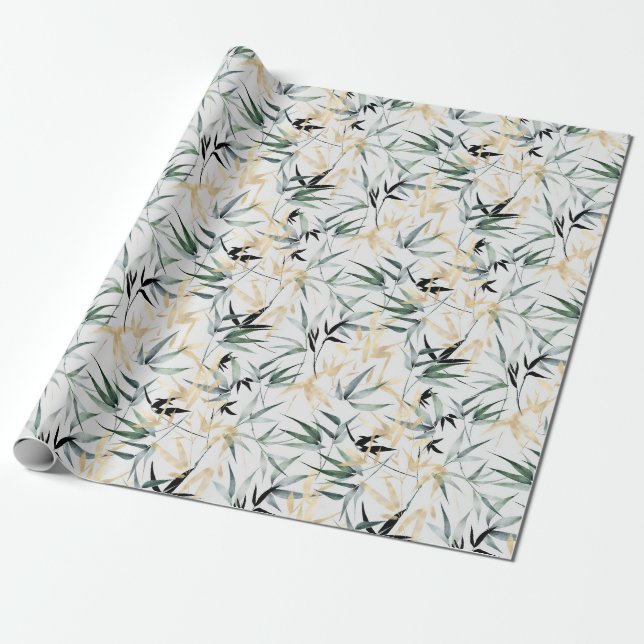 Artsy Green and Yellow Bamboo Tree Leaves Wrapping Paper (Unrolled)
