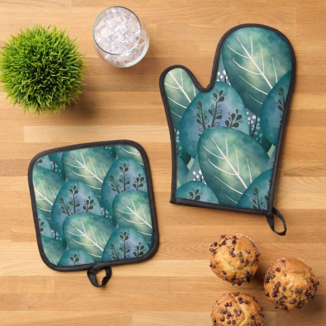 Artsy Green Leaves Pattern Oven Mitt & Pot Holder Set (Top Down)