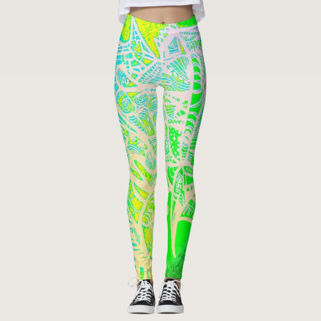 Artsy Green Yellow Leggings (Front)