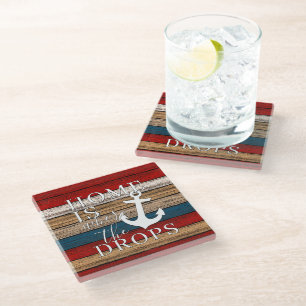 Artsy Home is Where the Anchor Drops Word Art Glass Coaster