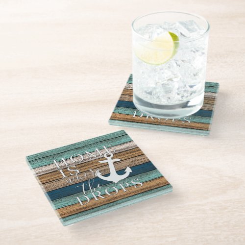 Artsy Home is Where the Anchor Drops Word Art Glass Coaster