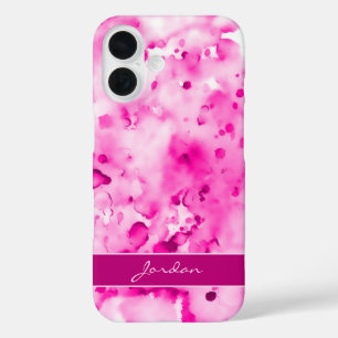 Artsy Hot Pink Watercolor Paint Splatters w/ Name iPhone 16 Case