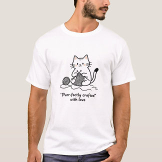 Artsy Knitting Cat Black White Line Art T-Shirt