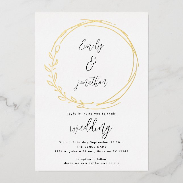 Artsy Laurel Leaf Frame Script Wedding Real Foil Invitation (Front)