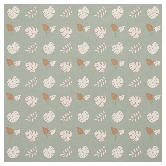 Artsy Leaf Pattern Cream Brown Sage Green Fabric (Swatch)