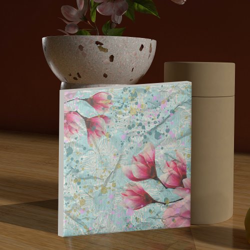 Artsy Magnolia Flowers On Vintage Crumpled Paper  Ceramic Tile