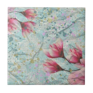 Artsy Magnolia Flowers On Vintage Crumpled Paper  Ceramic Tile