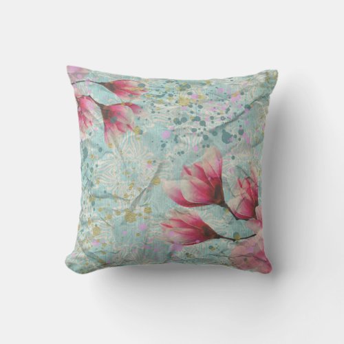 Artsy Magnolia Flowers On Vintage Crumpled Paper  Throw Pillow