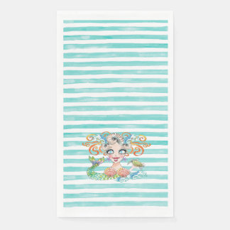Artsy Mermaid on Blue Stripes Paper Guest Towels