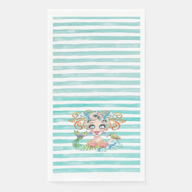 Artsy Mermaid on Blue Stripes Paper Guest Towels (Front)