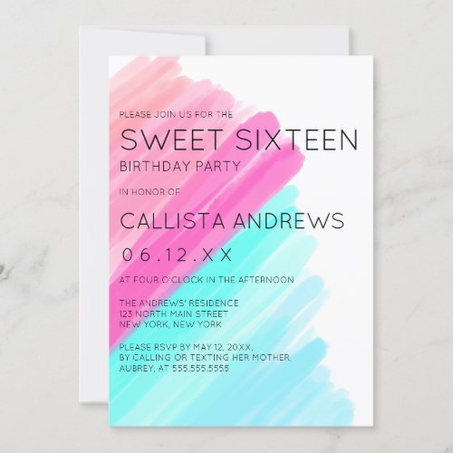 Artsy Minimalist Pink Aqua Watercolor Sweet 16 Invitation