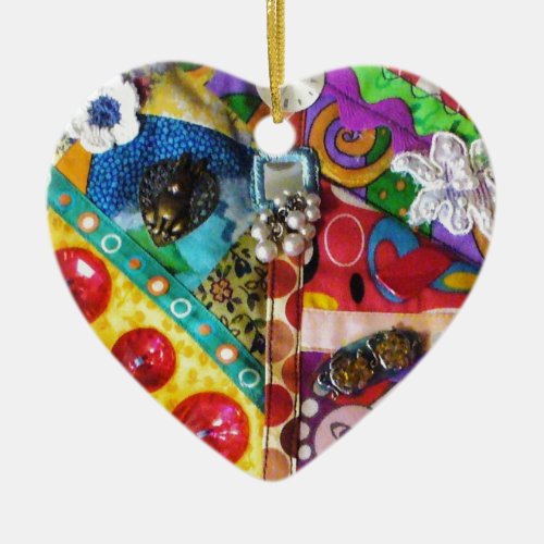 Artsy Mixed Media Patchwork Quilted Design Ceramic Ornament