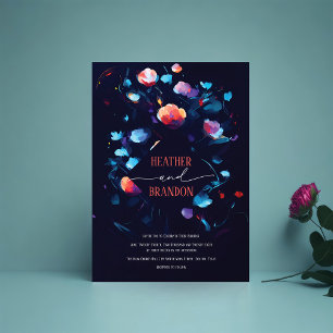 Artsy Modern Abstract Navy Blue Floral Wedding Invitation