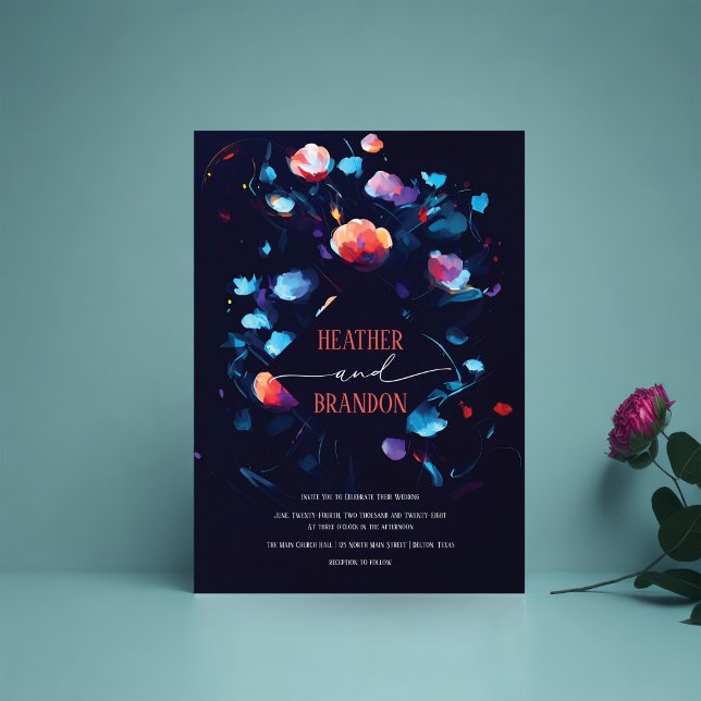 Artsy Modern Abstract Navy Blue Floral Wedding Invitation (Creator Uploaded)
