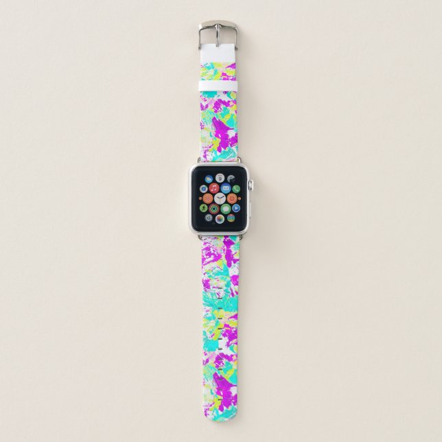 Artsy Modern Abstract Neon Acrylic Paint Splatter Apple Watch Band (Front)
