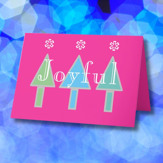 Artsy Modern Christmas Personalized Name Cute Holiday Card (Joyful pink horizontal holiday card with abstract art Christmas trees.)
