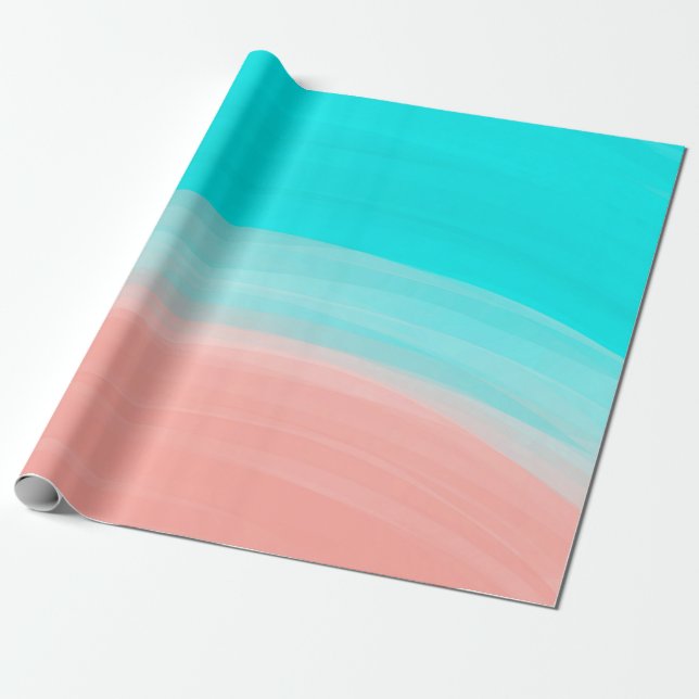 Artsy Modern Coral Blue Brushstroke Gradient Wrapping Paper (Unrolled)