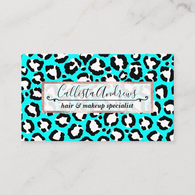 Artsy Modern Cyan Blue Leopard Animal Print Business Card (Front)