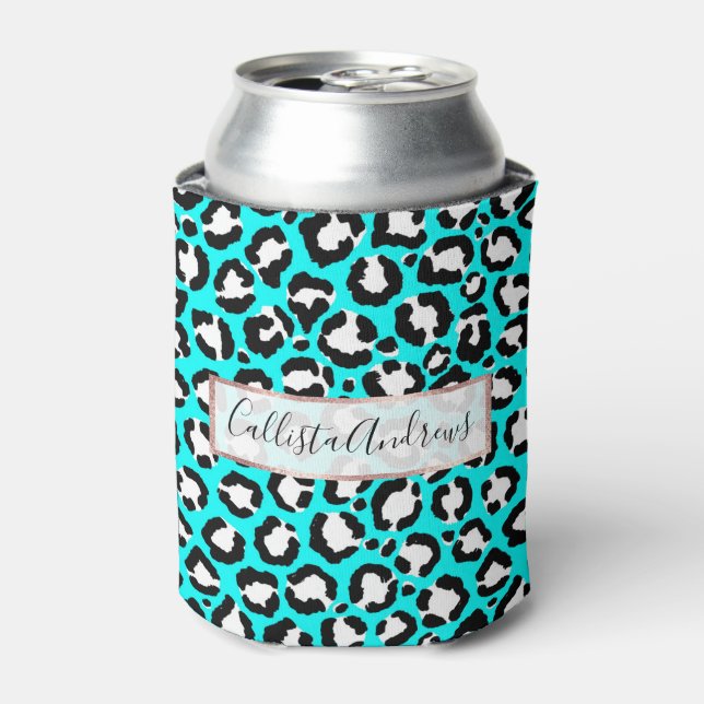 Artsy Modern Cyan Blue Leopard Animal Print Can Cooler (Can Front)