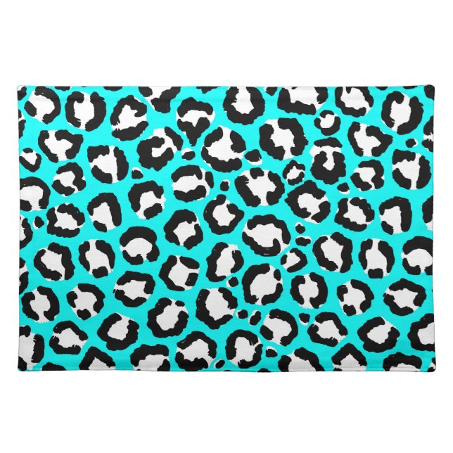 Artsy Modern Cyan Blue Leopard Animal Print Cloth Placemat (Front)