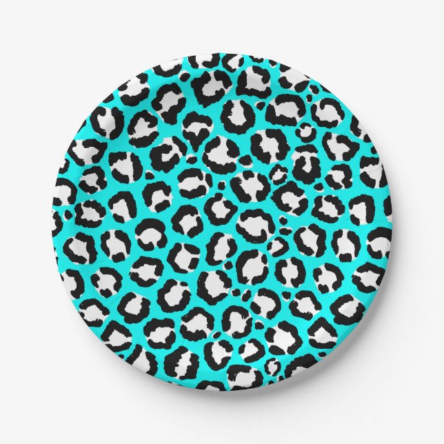 Artsy Modern Cyan Blue Leopard Animal Print Paper Plates (Front)