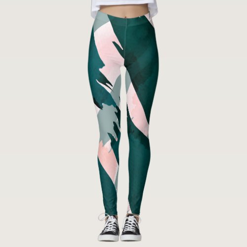 Artsy Modern Emerald Green Pink Brushstrokes Leggings