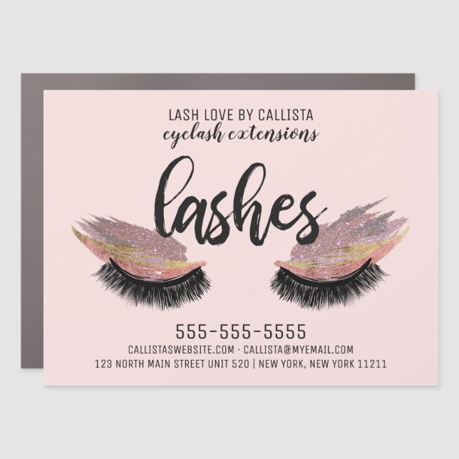 Artsy Modern Eyelash Pink Gold Glitter Foil Lashes Car Magnet (Front)