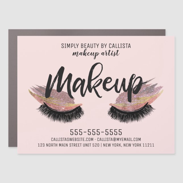 Artsy Modern Eyelash Pink Gold Glitter Foil Makeup Car Magnet (Front)