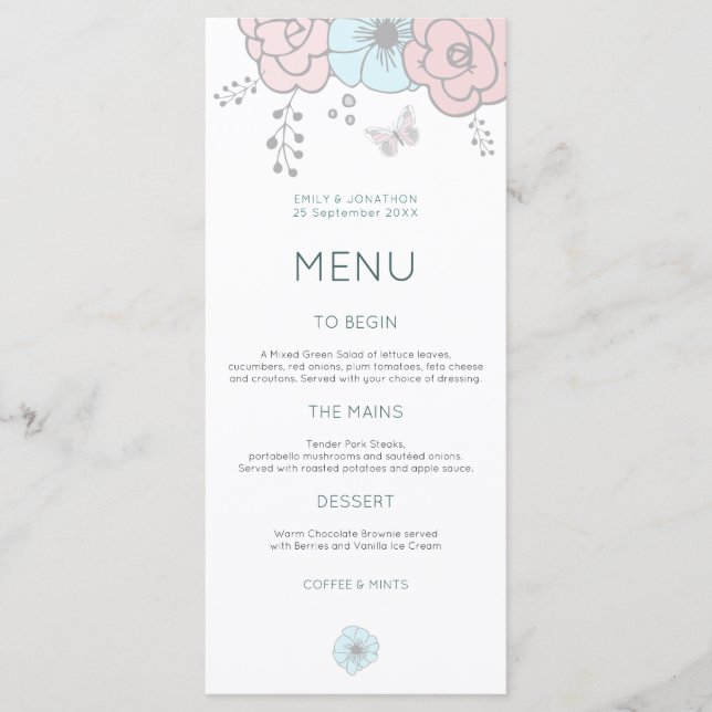 Artsy Modern Florals Butterfly Pink Blue Wedding Menu (Front)