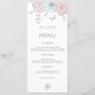 Artsy Modern Florals Butterfly Pink Blue Wedding Menu