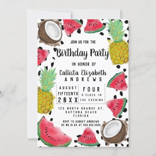 Artsy Modern Fruit Polka Dots Watercolor Birthday Invitation