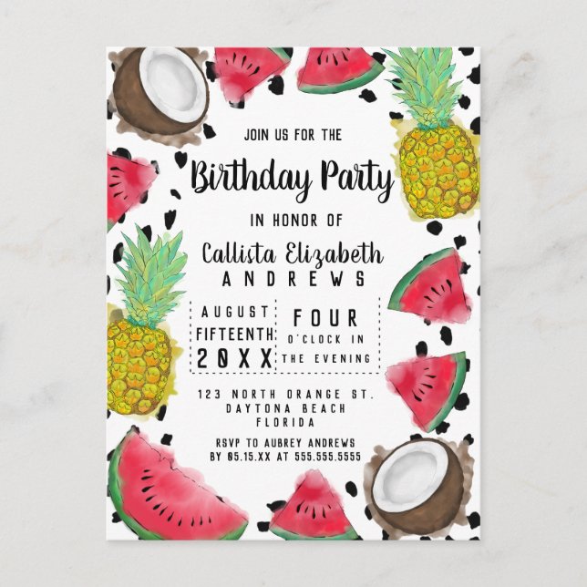 Artsy Modern Fruit Polka Dots Watercolor Birthday Invitation Postcard (Front)