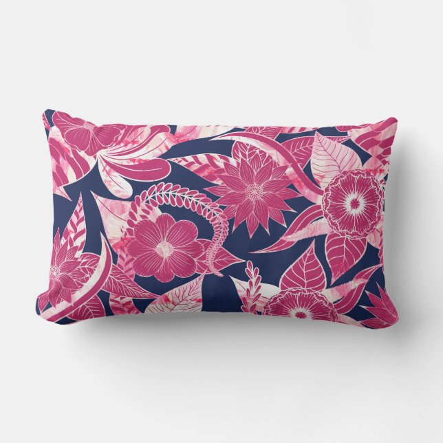 Artsy Modern Fuschia Navy Acrylic Floral Leaves Lumbar Pillow (Front)
