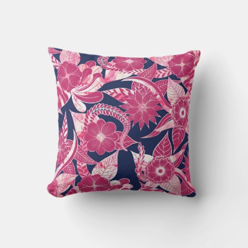 Artsy Modern Fuschia Navy Acrylic Floral Leaves Outdoor Pillow
