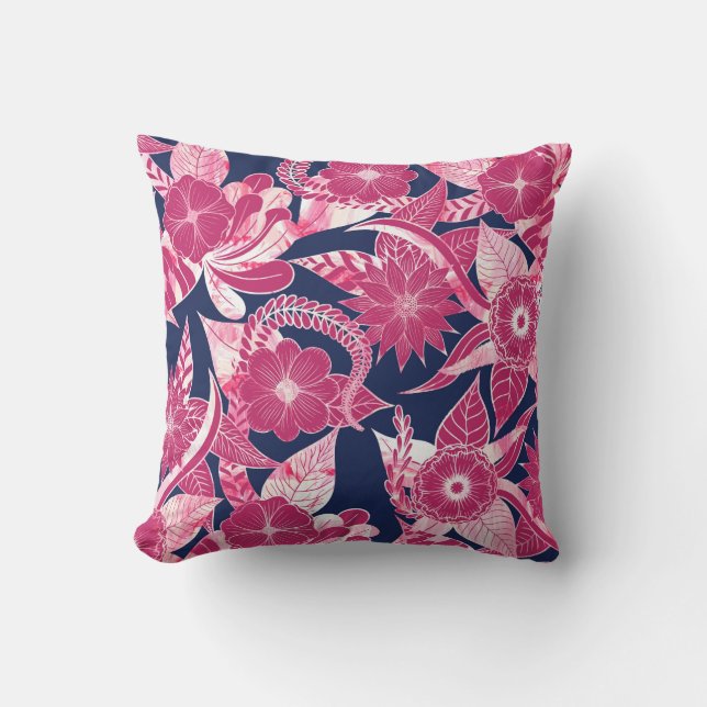 Artsy Modern Fuschia Navy Acrylic Floral Leaves Outdoor Pillow (Front)