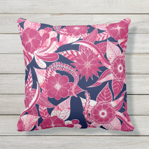 Artsy Modern Fuschia Navy Acrylic Floral Leaves Outdoor Pillow