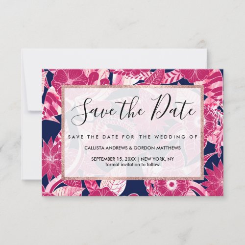 Artsy Modern Fuschia Navy Acrylic Floral Leaves Save The Date
